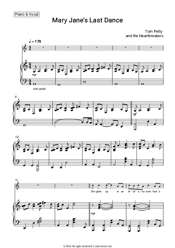 Mary Jane's Last Dance - Tom Petty and the Heartbreakers Piano Sheet Music with the Voice part - Piano&Vocal