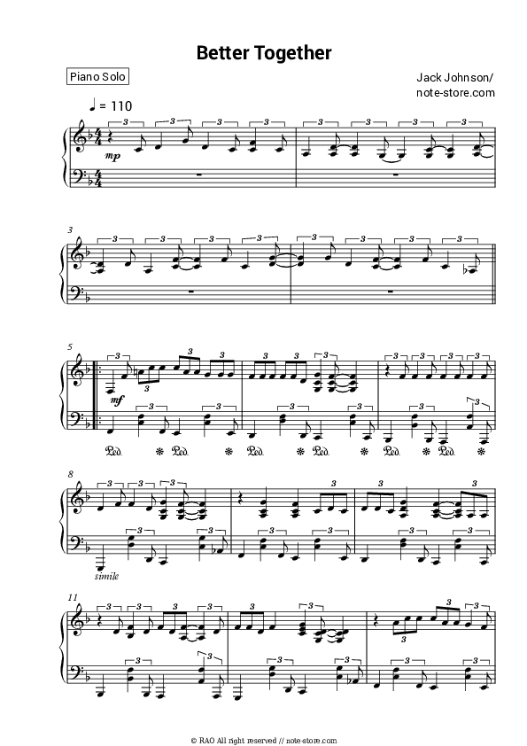 Better Together - Jack Johnson Piano Sheet Music - Piano.Solo