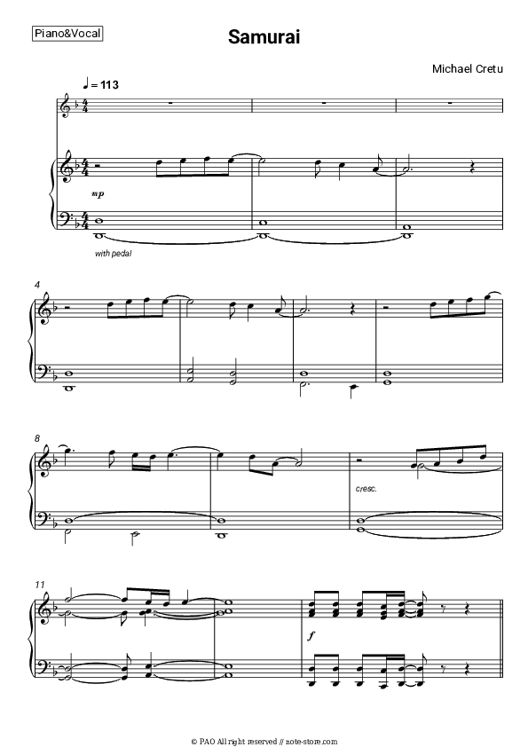 Samurai - Michael Cretu Piano Sheet Music with the Voice part - Piano&Vocal