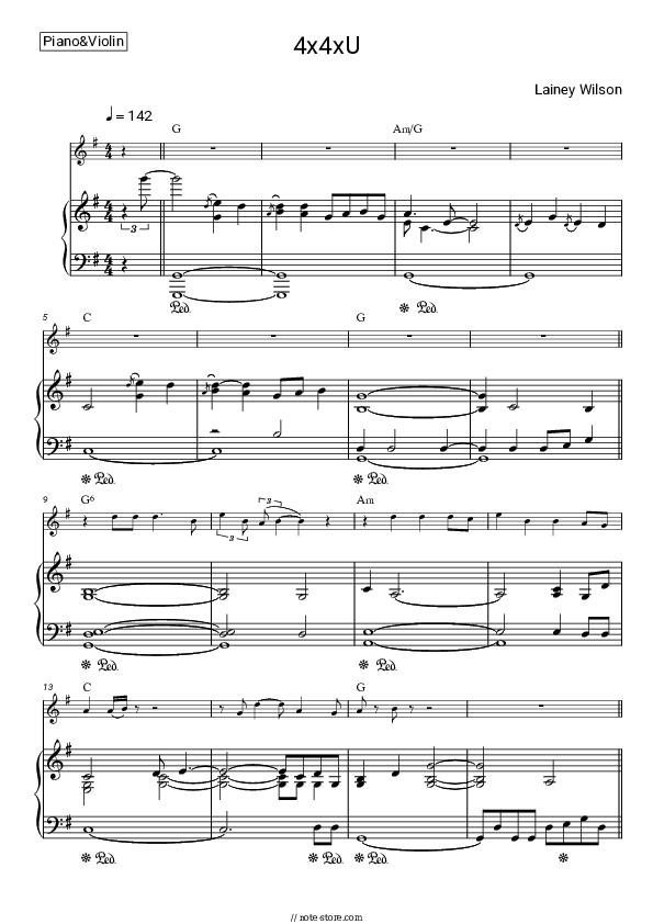 4x4xU - Lainey Wilson Piano Sheet Music and Violin - Piano&Violin