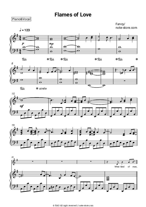 Flames of love - Fancy Piano Sheet Music with the Voice part - Piano&Vocal