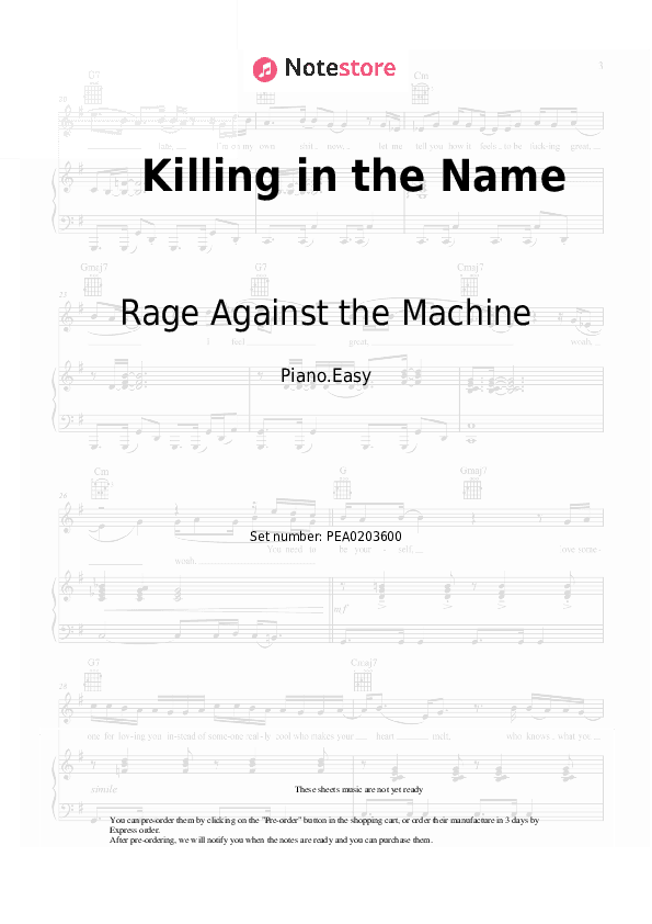 Killing in the Name - Rage Against the Machine Piano Sheet Music Easy - Piano.Easy