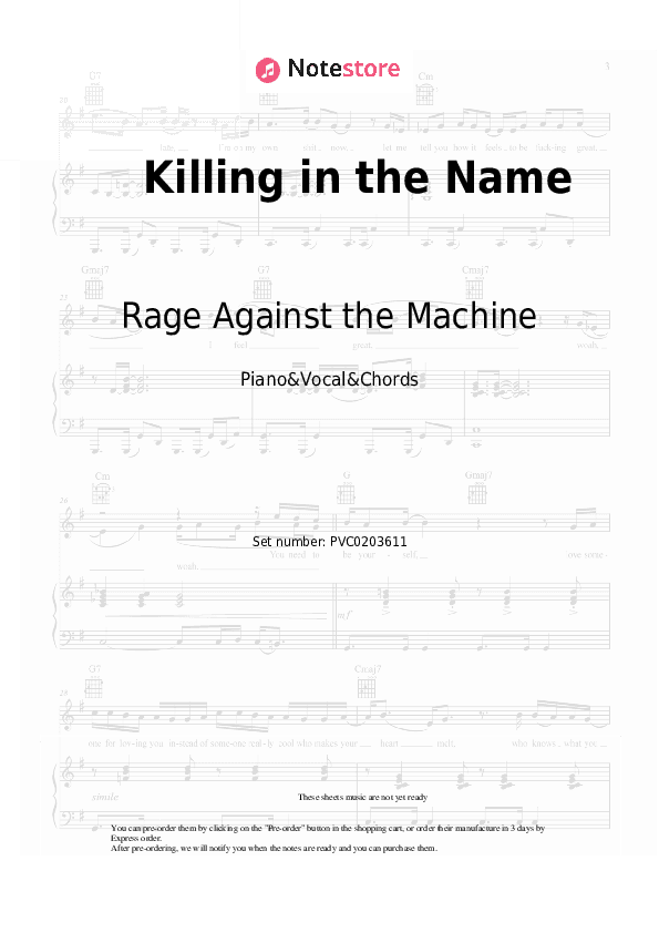 Killing in the Name - Rage Against the Machine Piano Sheet Music with the Vocal and Chords - Piano&Vocal&Chords