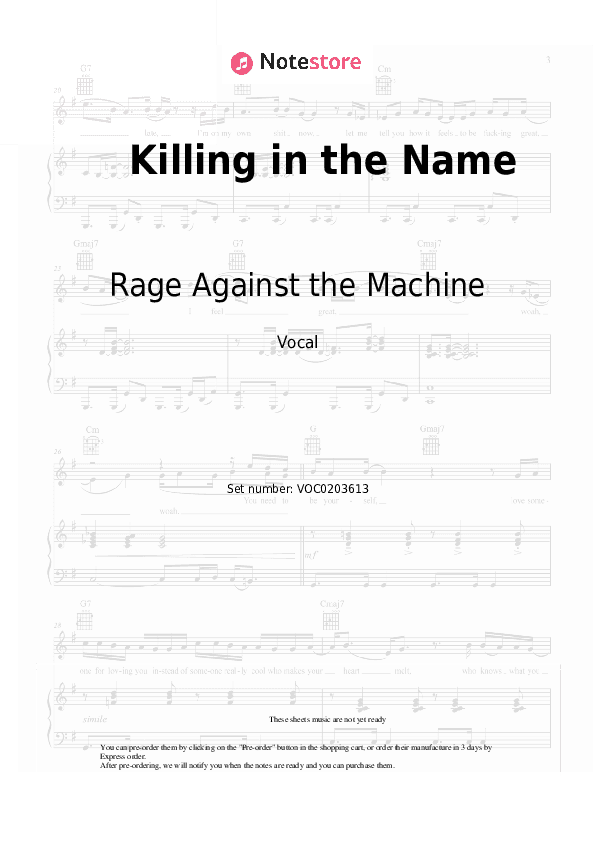 Killing in the Name - Rage Against the Machine Vocal Sheet Music - Vocal