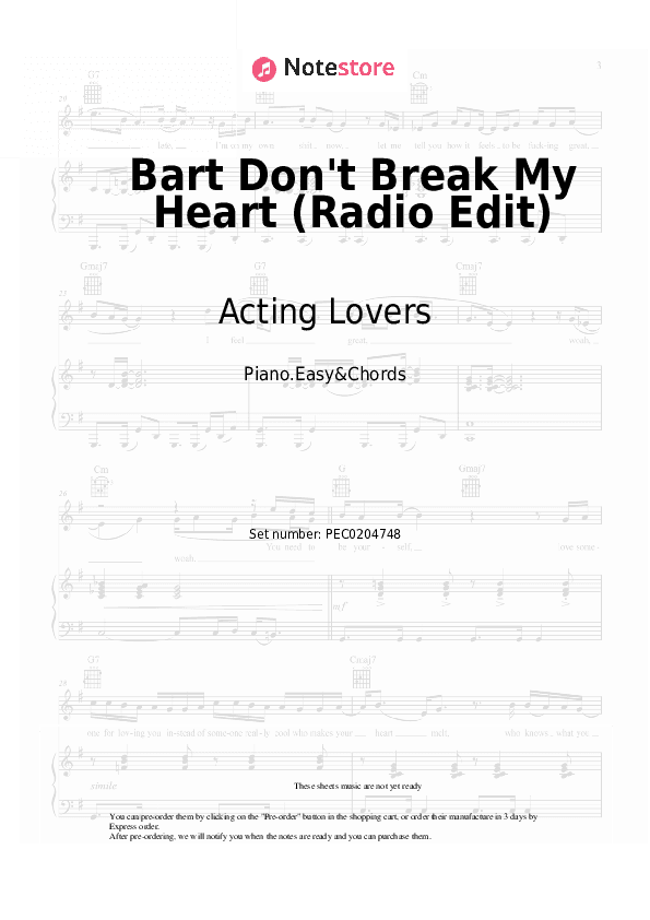 Bart Don't Break My Heart (Radio Edit) - Acting Lovers Sheet Music Easy and Chords - Piano.Easy&Chords