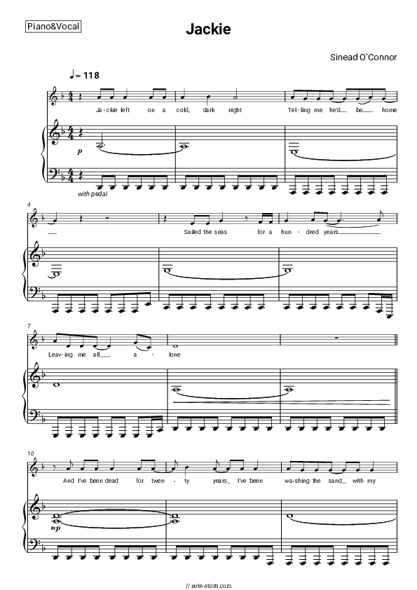 Jackie - Sinead O'Connor Piano Sheet Music with the Voice part - Piano&Vocal