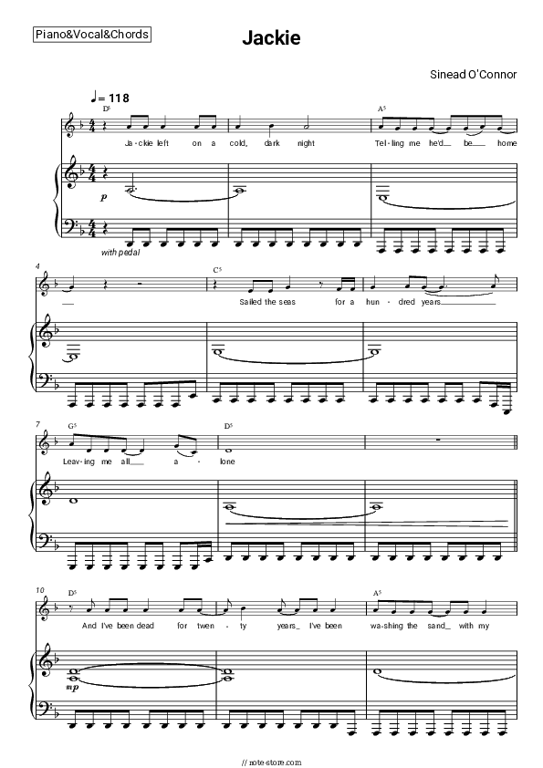 Jackie - Sinead O'Connor Piano Sheet Music with the Vocal and Chords - Piano&Vocal&Chords