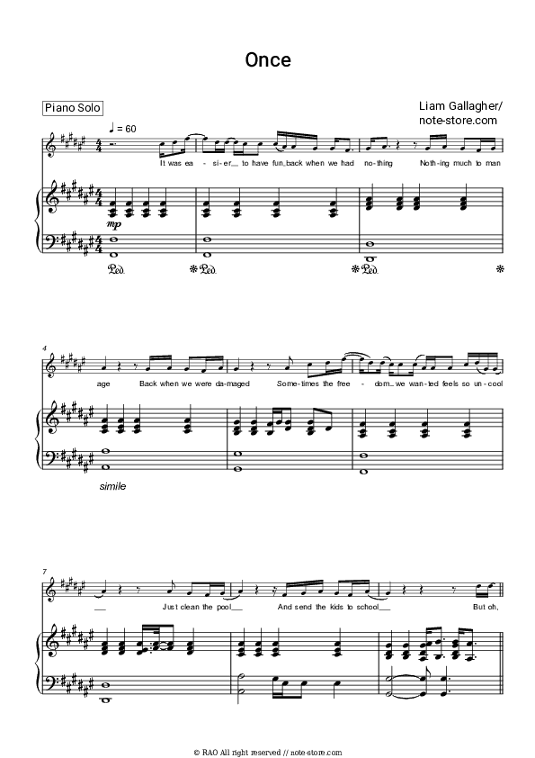 Once - Liam Gallagher Piano Sheet Music with the Voice part - Piano&Vocal