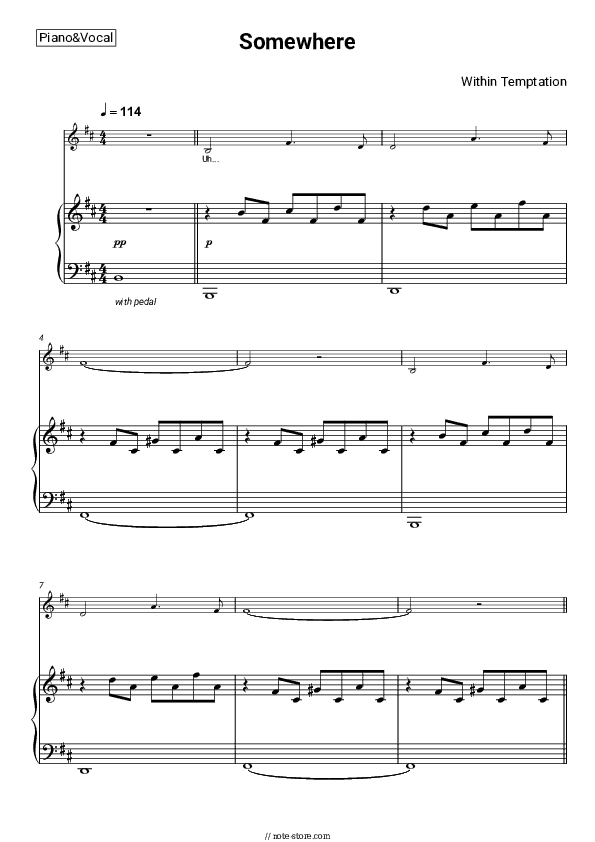 Somewhere - Within Temptation Piano Sheet Music with the Voice part - Piano&Vocal