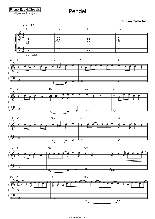 Pendel - Yvonne Catterfeld Sheet Music Easy and Chords - Piano.Easy&Chords