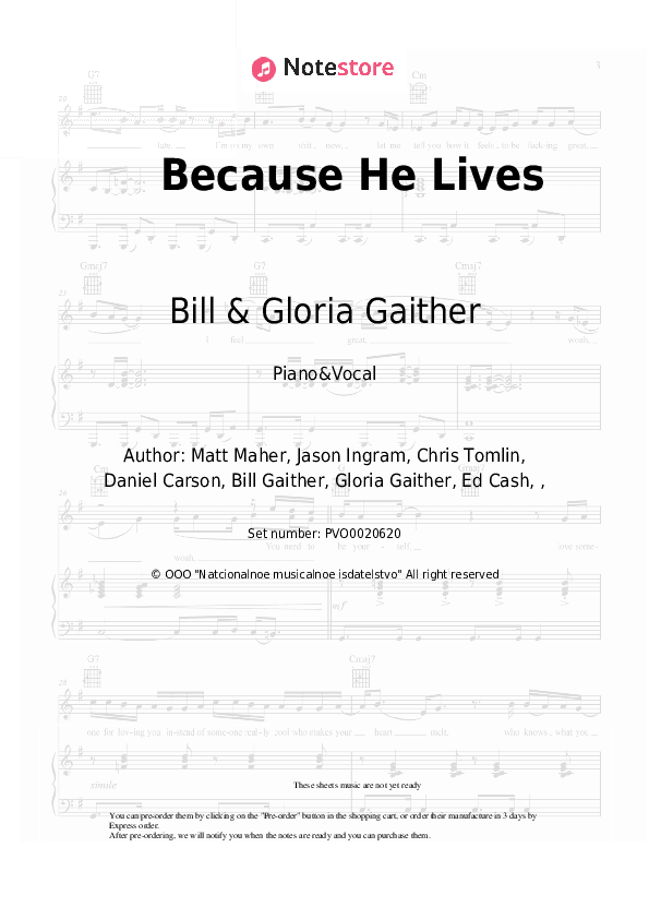 Because He Lives - Bill & Gloria Gaither Piano Sheet Music with the Voice part - Piano&Vocal