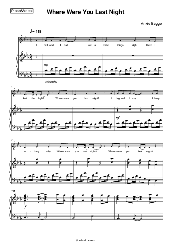 Where Were You Last Night (12' Remix) - Ankie Bagger Piano Sheet Music with the Voice part - Piano&Vocal