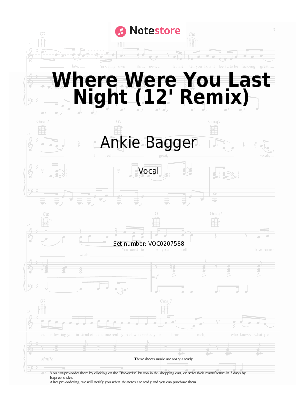 Where Were You Last Night (12' Remix) - Ankie Bagger Vocal Sheet Music - Vocal