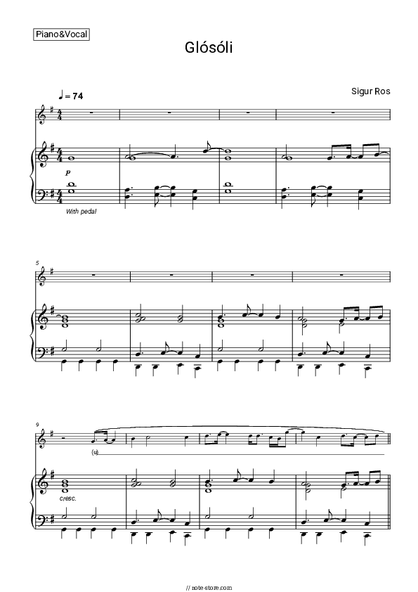 Glósóli - Sigur Rós Piano Sheet Music with the Voice part - Piano&Vocal