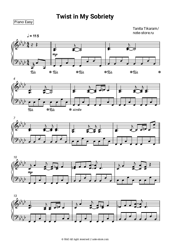 Twist In My Sobriety - Tanita Tikaram Piano Sheet Music Easy - Piano.Easy