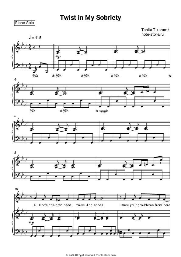 Twist In My Sobriety - Tanita Tikaram Piano Sheet Music with the Voice part - Piano&Vocal