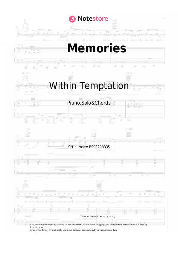 Memories - Within Temptation Piano Sheet Music and Chords - Piano.Solo&Chords