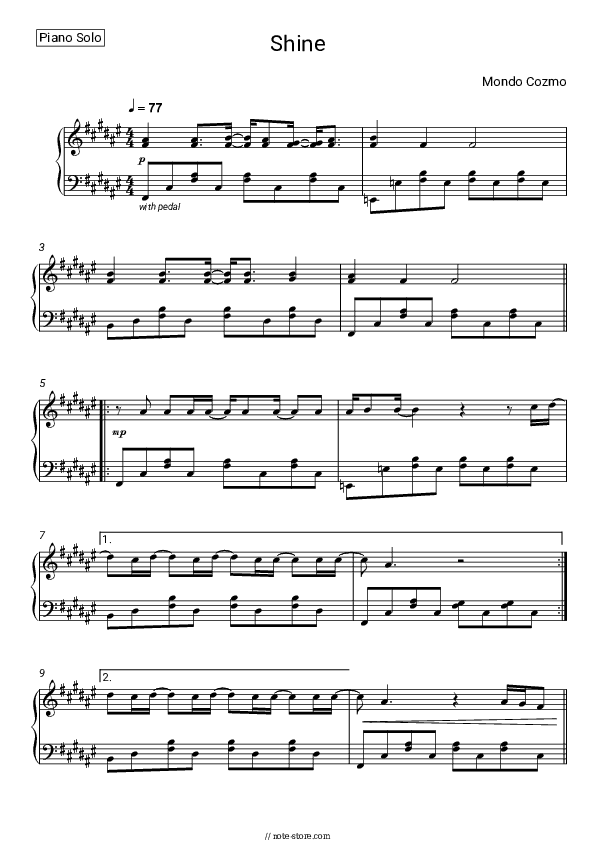 Shine - Mondo Cozmo Piano Sheet Music - Piano.Solo