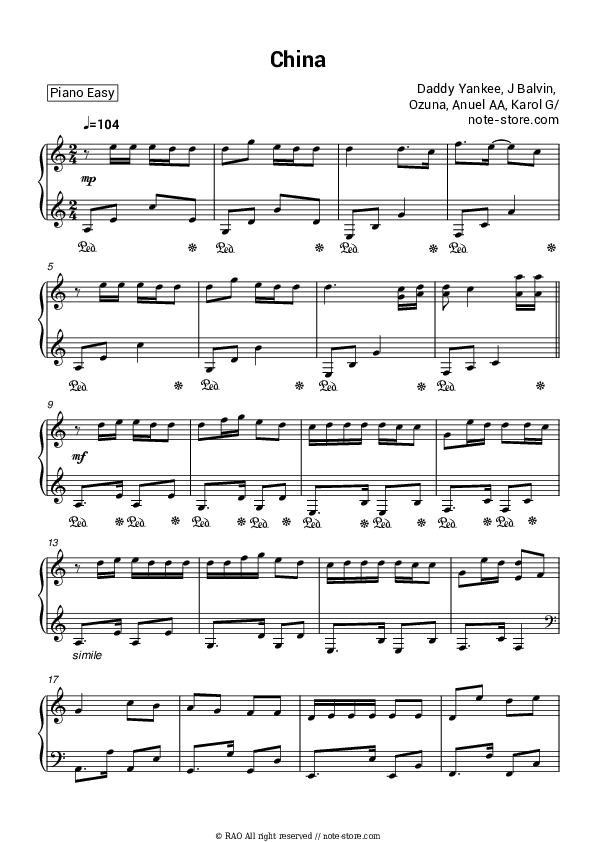China - Daddy Yankee, J Balvin, Ozuna, Anuel AA, Karol G Piano Sheet Music Easy - Piano.Easy