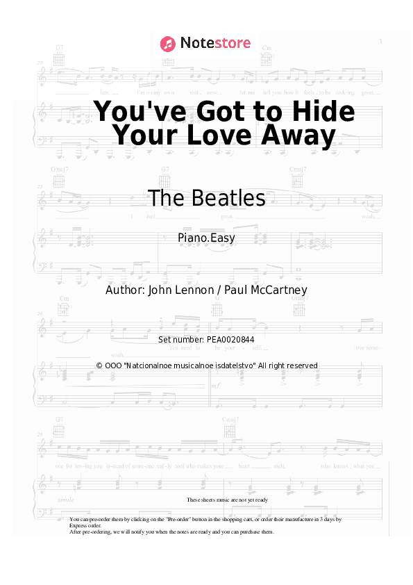 You've Got to Hide Your Love Away - The Beatles Piano Sheet Music Easy - Piano.Easy