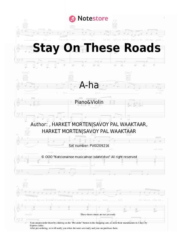 Stay On These Roads - A-ha Piano Sheet Music and Violin - Piano&Violin