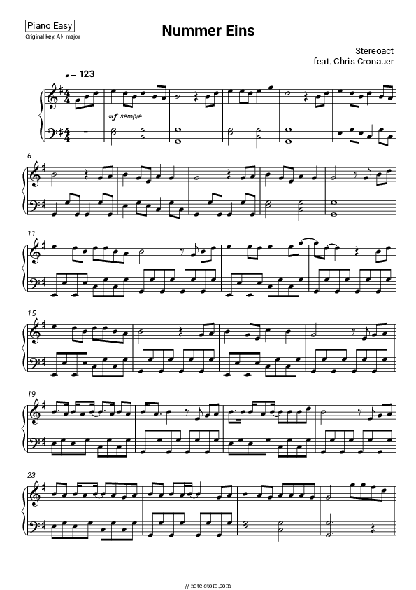 Nummer eins - Stereoact, Chris Cronauer Piano Sheet Music Easy - Piano.Easy