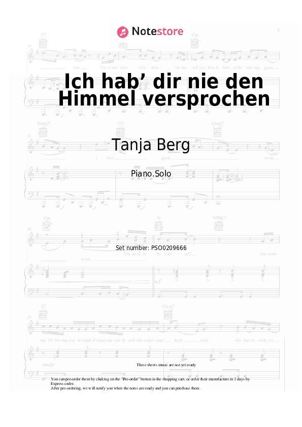 Ich hab’ dir nie den Himmel versprochen - Tanja Berg Piano Sheet Music - Piano.Solo