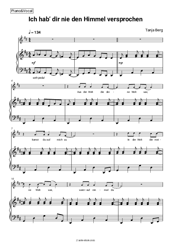 Ich hab’ dir nie den Himmel versprochen - Tanja Berg Piano Sheet Music with the Voice part - Piano&Vocal