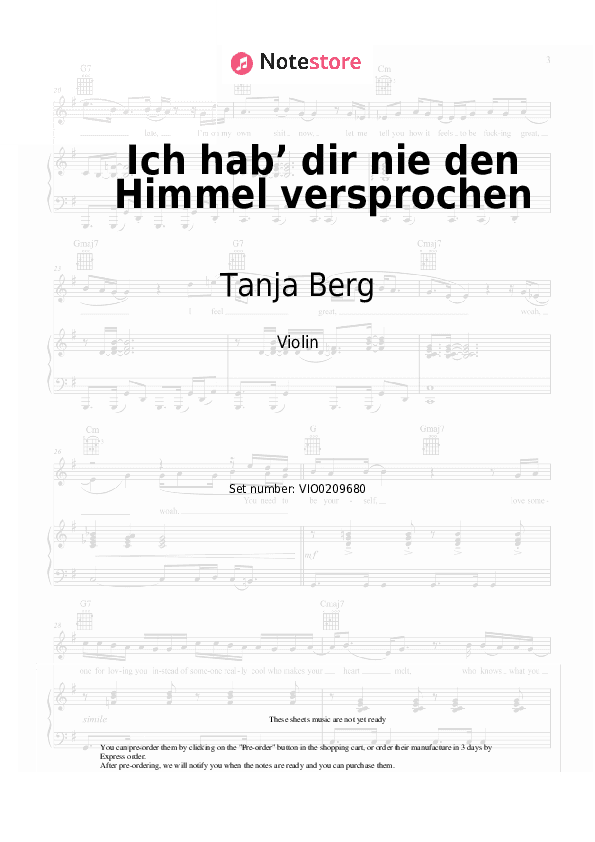 Ich hab’ dir nie den Himmel versprochen - Tanja Berg Violin Sheet Music - Violin