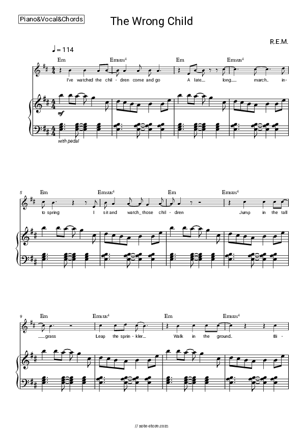 The Wrong Child - R.E.M. Piano Sheet Music with the Vocal and Chords - Piano&Vocal&Chords