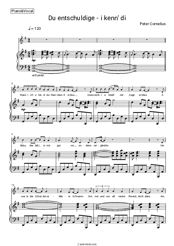 Du entschuldige - i kenn’ di - Peter Cornelius Piano Sheet Music with the Voice part - Piano&Vocal