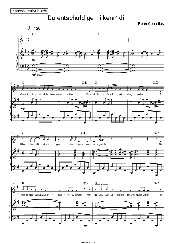 Du entschuldige - i kenn’ di - Peter Cornelius Piano Sheet Music with the Vocal and Chords - Piano&Vocal&Chords