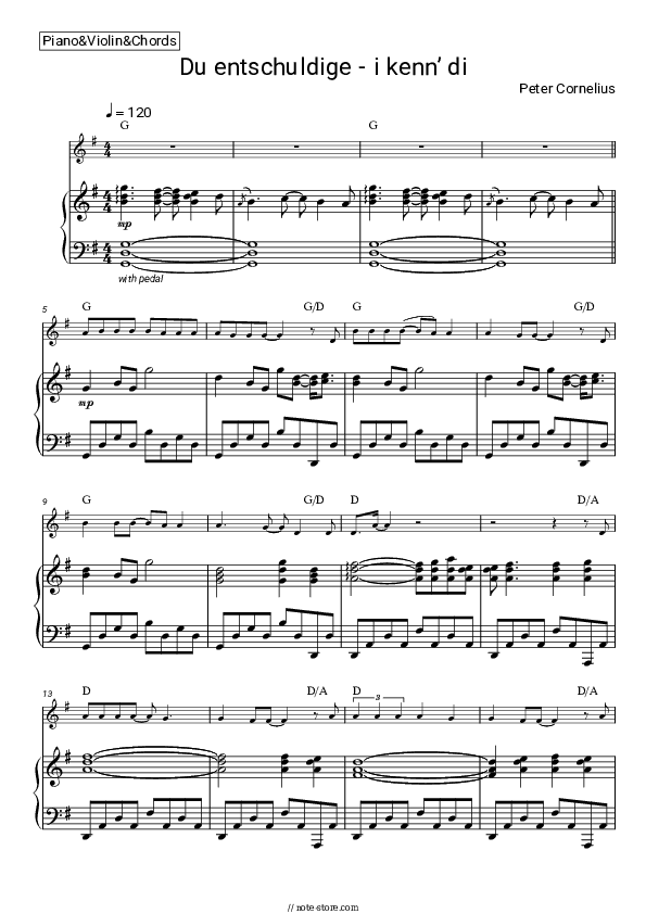 Du entschuldige - i kenn’ di - Peter Cornelius Piano Sheet Music and Violin - Piano&Violin