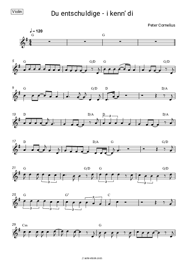 Du entschuldige - i kenn’ di - Peter Cornelius Violin Sheet Music - Violin