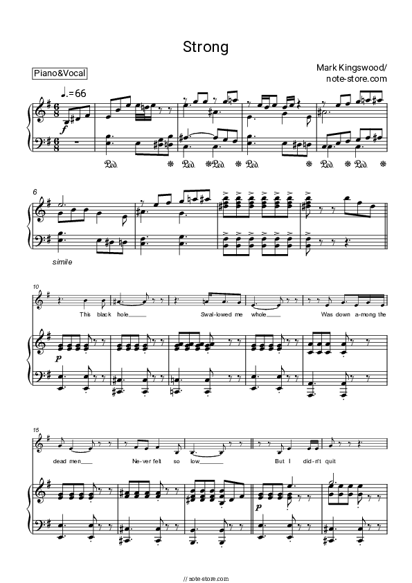 Strong - Mark Kingswood Piano Sheet Music with the Voice part - Piano&Vocal