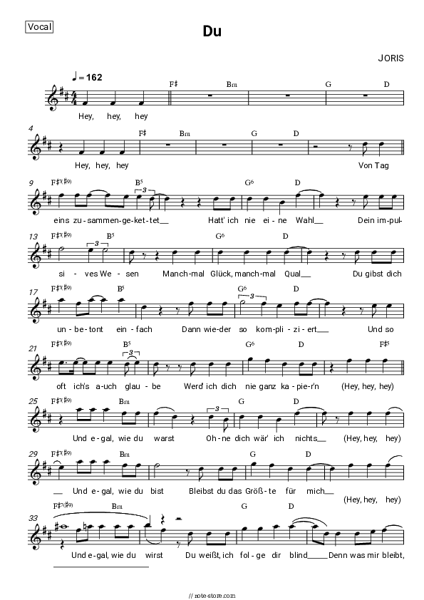 Du - JORIS Vocal Sheet Music - Vocal