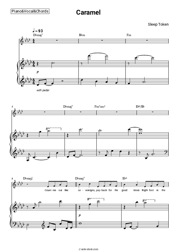 Caramel - Sleep Token Piano Sheet Music with the Vocal and Chords - Piano&Vocal&Chords