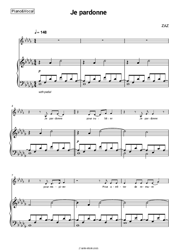 Je pardonne - ZAZ Piano Sheet Music with the Voice part - Piano&Vocal