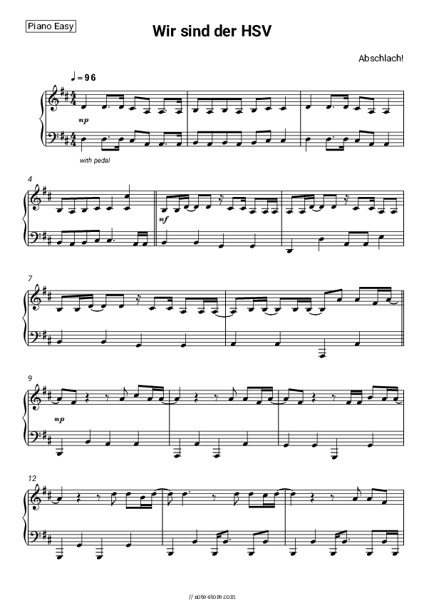 Wir sind der HSV - Abschlach! Piano Sheet Music Easy - Piano.Easy