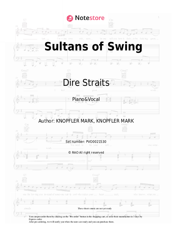 Sultans of Swing - Dire Straits Piano Sheet Music with the Voice part - Piano&Vocal