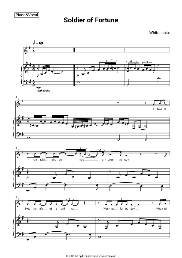 Soldier of Fortune - Whitesnake Piano Sheet Music with the Voice part - Piano&Vocal