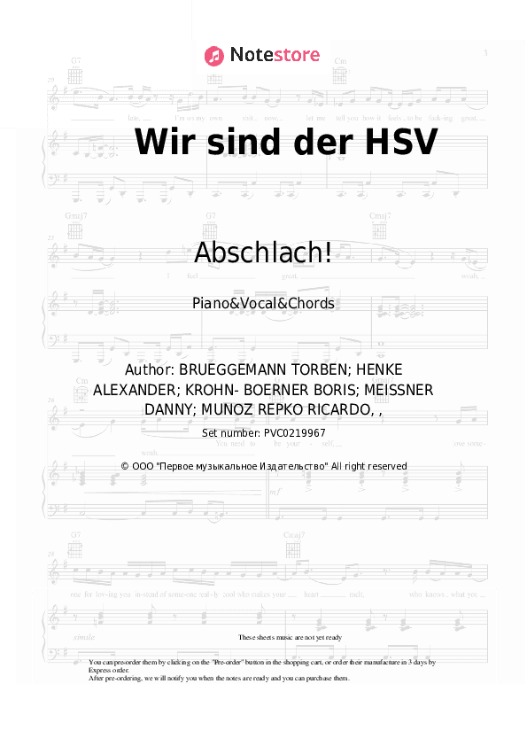 Wir sind der HSV - Abschlach! Piano Sheet Music with the Vocal and Chords - Piano&Vocal&Chords