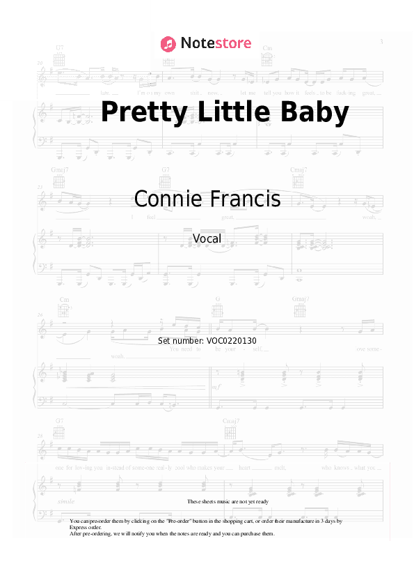 Pretty Little Baby - Connie Francis Vocal Sheet Music - Vocal