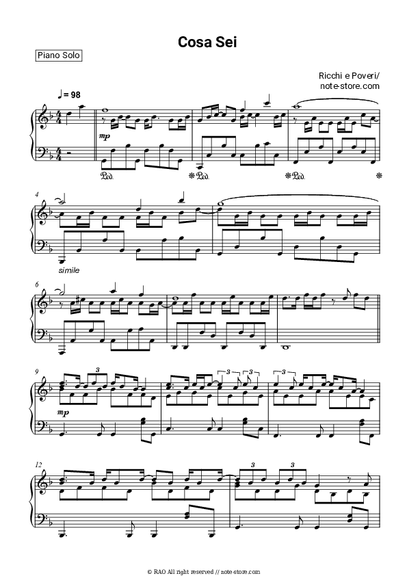 Cosa sei - Ricchi e Poveri Piano Sheet Music - Piano.Solo