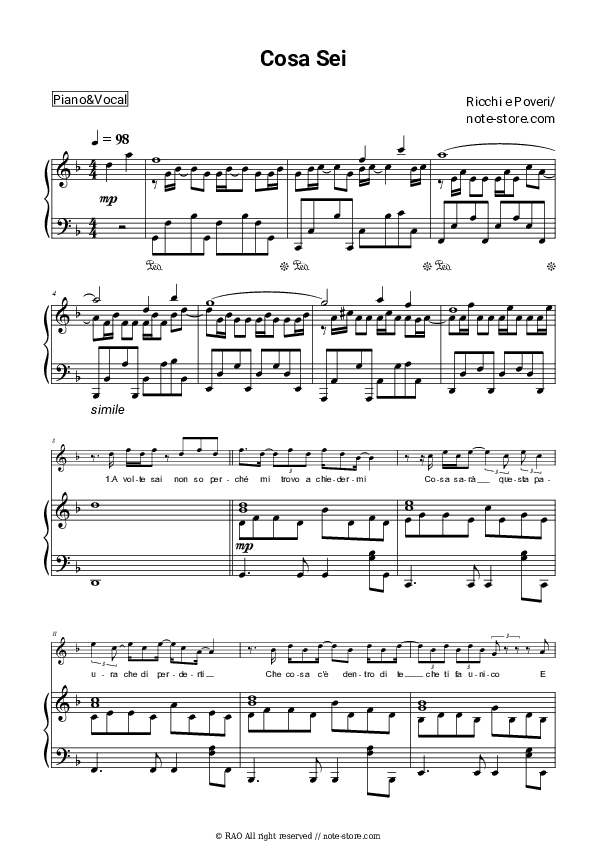 Cosa sei - Ricchi e Poveri Piano Sheet Music with the Voice part - Piano&Vocal