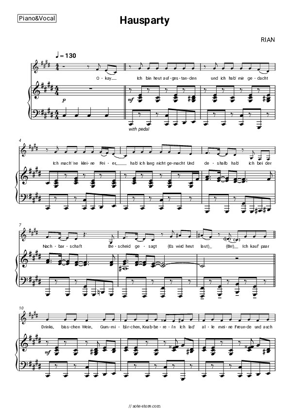 Hausparty - RIAN Piano Sheet Music with the Voice part - Piano&Vocal