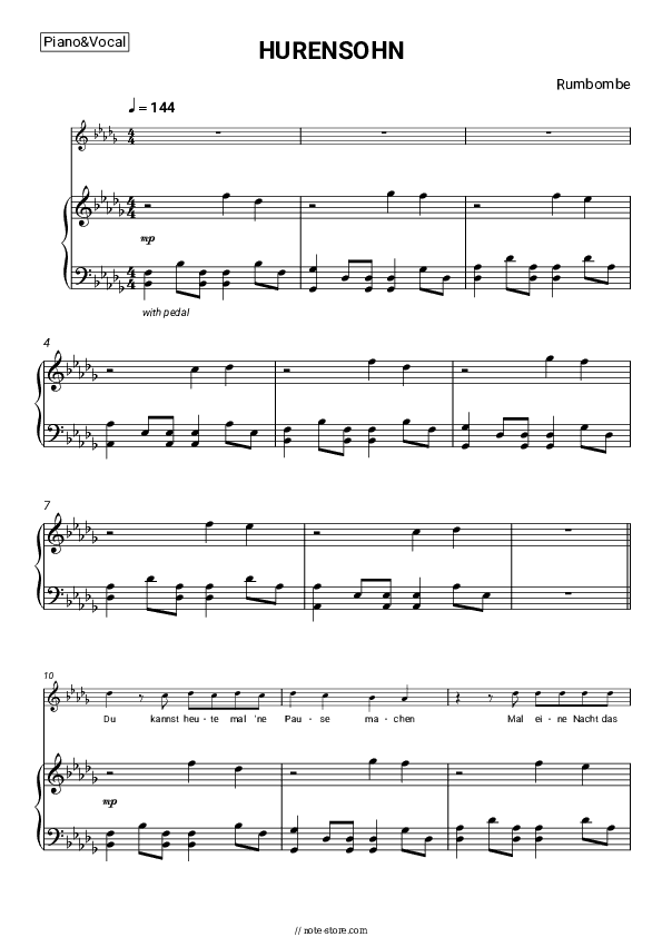 HURENSOHN - Rumbombe Piano Sheet Music with the Voice part - Piano&Vocal