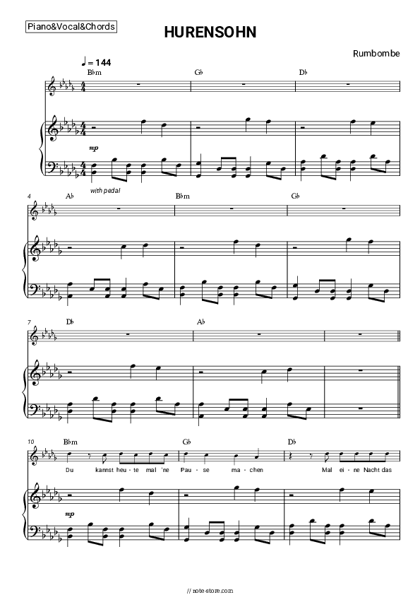 HURENSOHN - Rumbombe Piano Sheet Music with the Vocal and Chords - Piano&Vocal&Chords