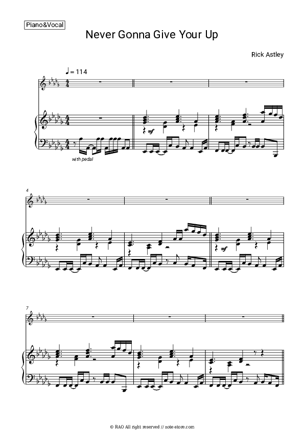 Never Gonna Give You Up - Rick Astley Piano Sheet Music with the Voice part - Piano&Vocal