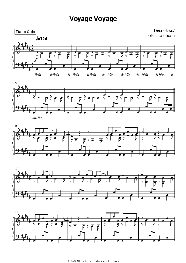 Voyage Voyage - Desireless Piano Sheet Music - Piano.Solo